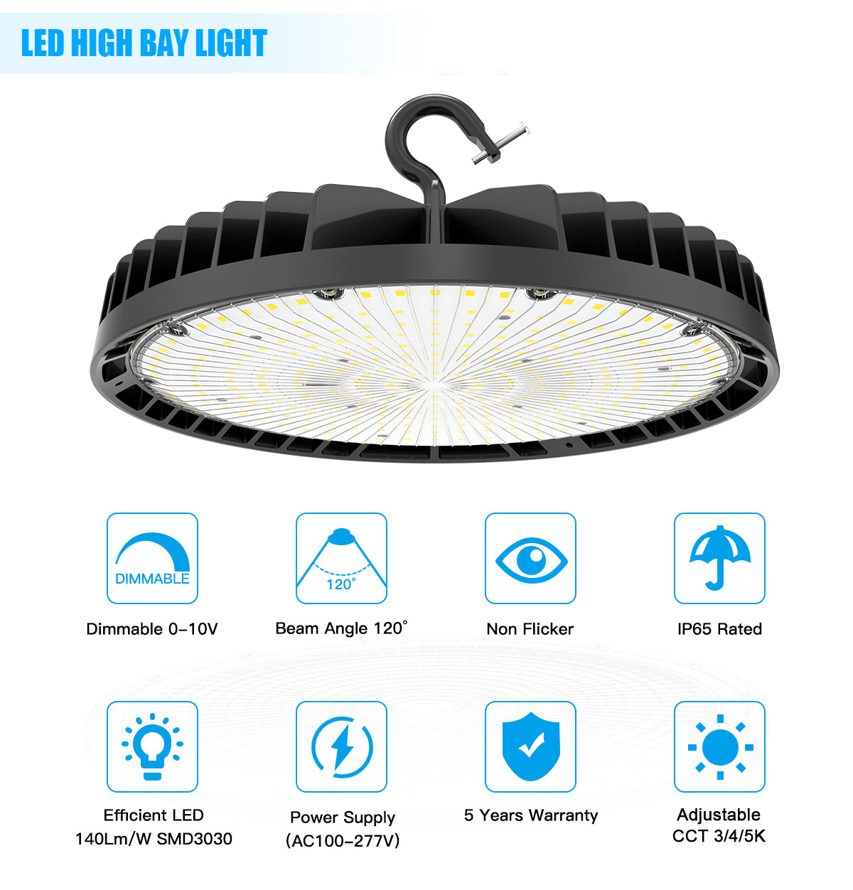 LED UFO HIGH BAY-BI 150W/120W/90W CCT TUNABLE 3/4/5K 100-277VAC BLACK WITH US PLUG