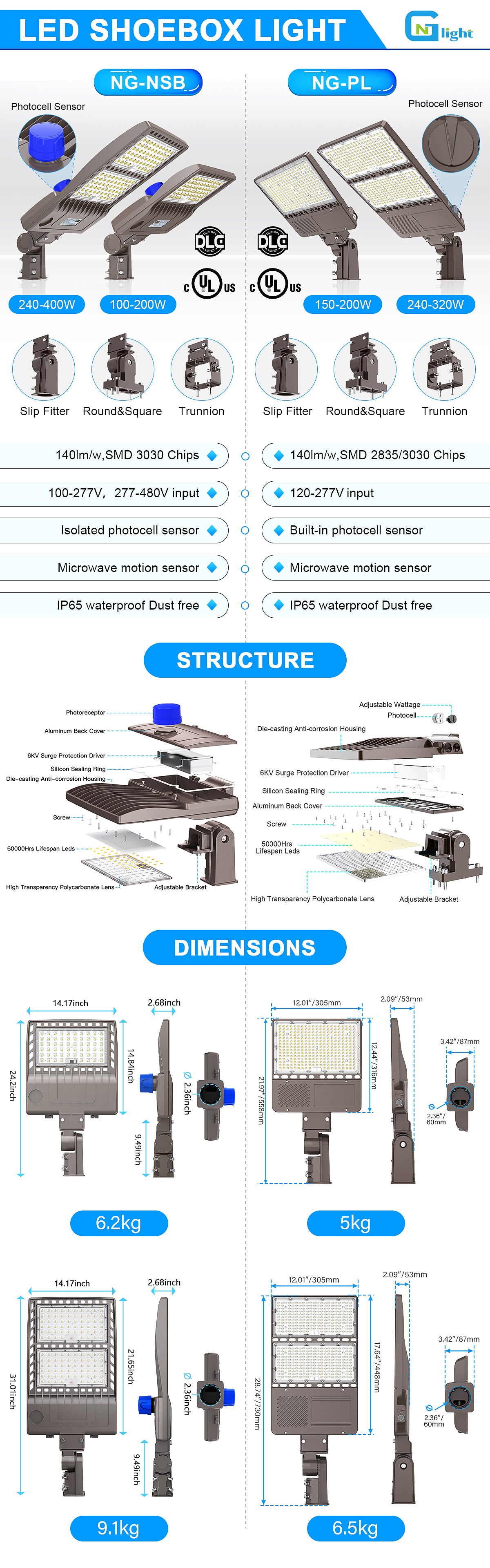 LED SHOEBOX LIGHT 150W,5000K,277-480VAC, A BRACKET(SLIP FITTER)