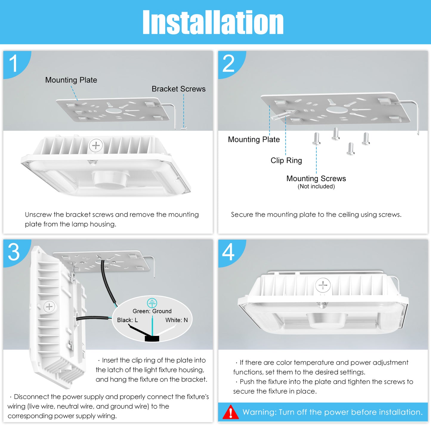 LED CANOPY LIGHT 60W/48W/36W TUNABLE CCT 4.5/5/5.7K 100-277VAC WITH BUILT-IN PHOTOCELL