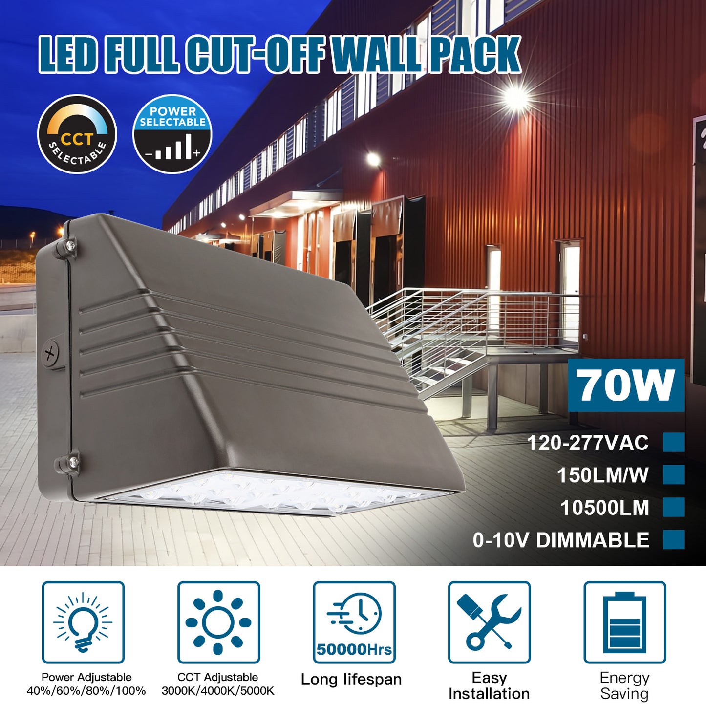 LED FULL CUT-OFF WALL PACK 70W/56W/42W/28W CCT TUNABLE 3/4/5K 120-277VAC