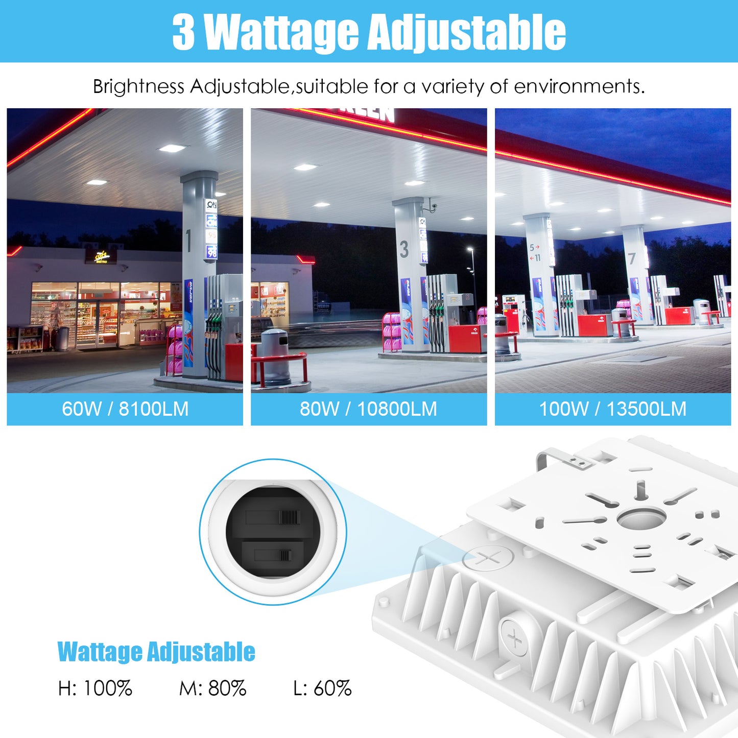 LED CANOPY LIGHT 60W/48W/36W TUNABLE CCT 4.5/5/5.7K 100-277VAC WITH BUILT-IN PHOTOCELL