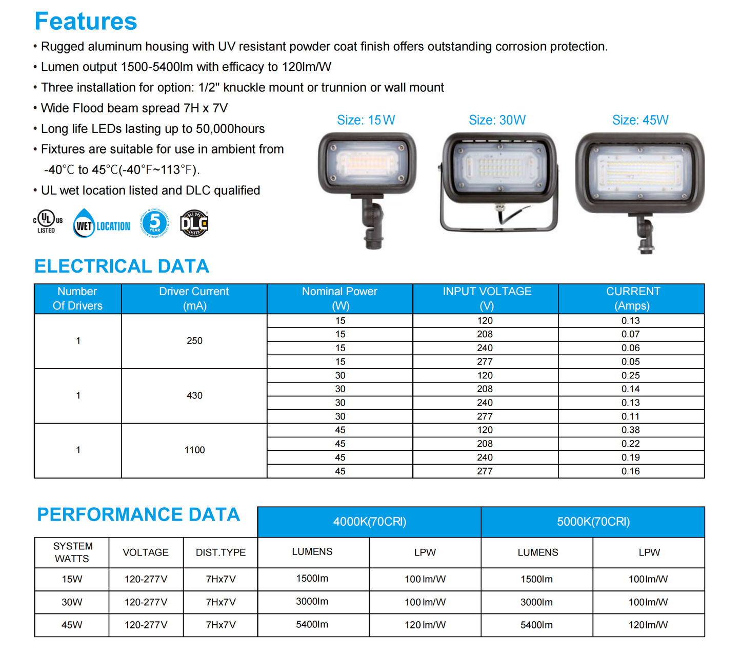 LED KNUCKLE FLOOD LIGHT 15W 5000K 100-277VAC