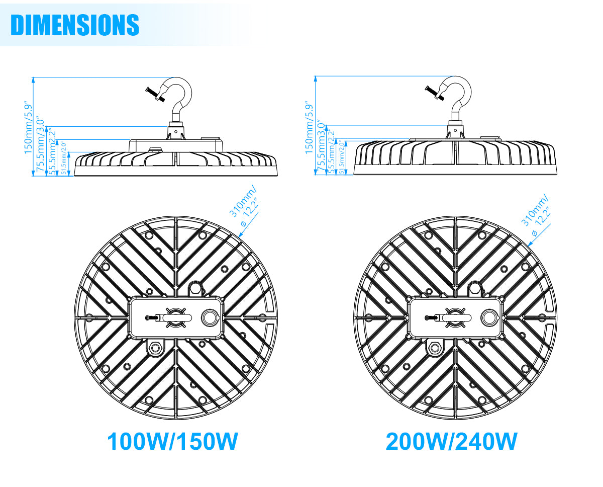 LED UFO HIGH BAY-BI 150W/120W/90W CCT TUNABLE 3/4/5K 100-277VAC BLACK WITH US PLUG