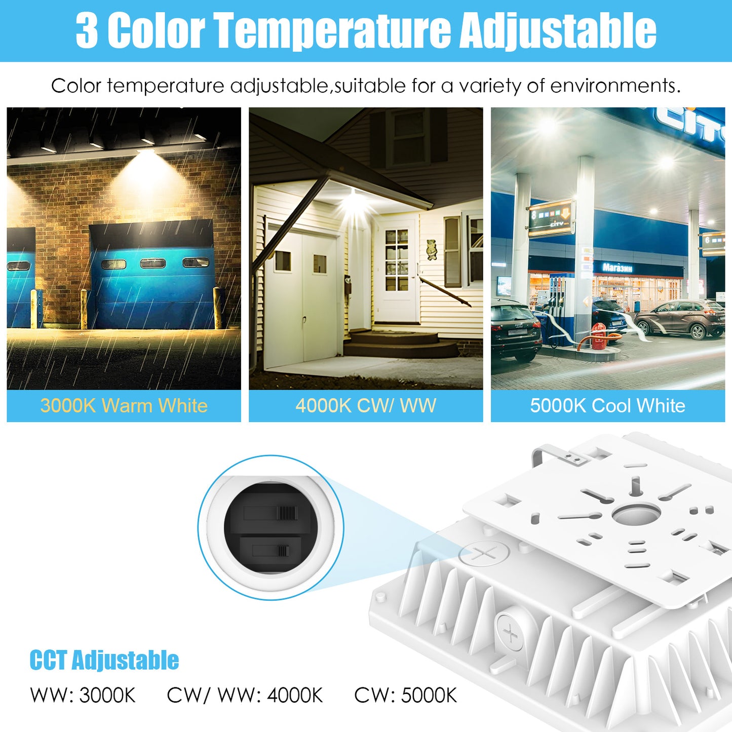 LED CANOPY LIGHT 60W/48W/36W TUNABLE CCT 4.5/5/5.7K 100-277VAC WITH BUILT-IN PHOTOCELL