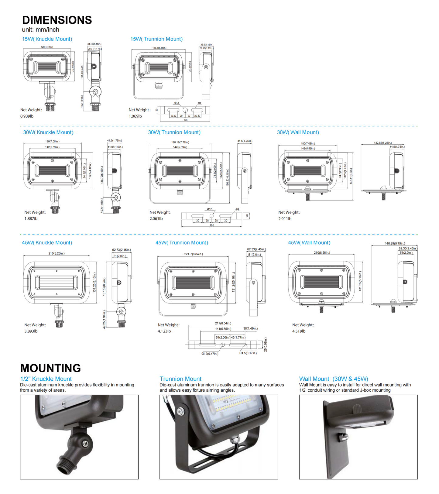 LED KNUCKLE FLOOD LIGHT 15W 5000K 100-277VAC